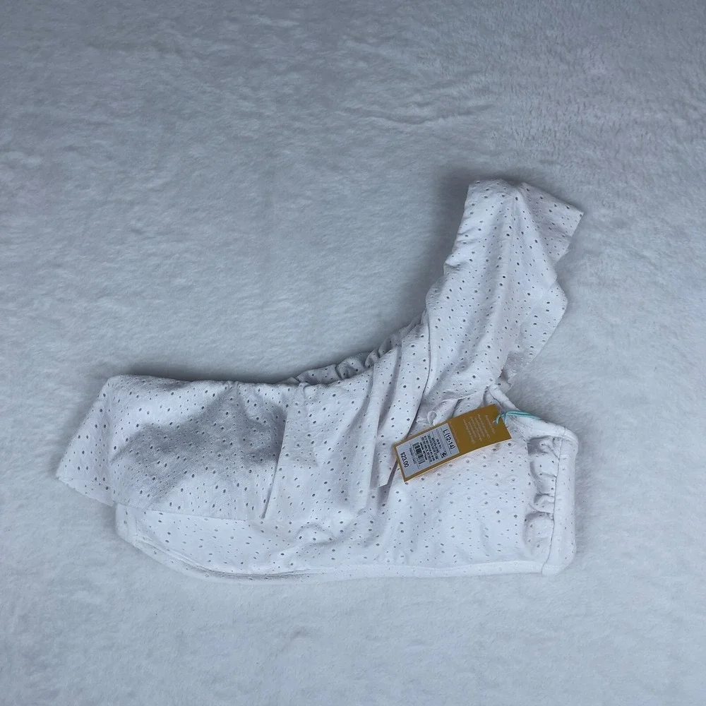 Kona Sol Bikini Top Womens L White‎ Eyelet Ruffled One Shoulder Stretchy Comfort